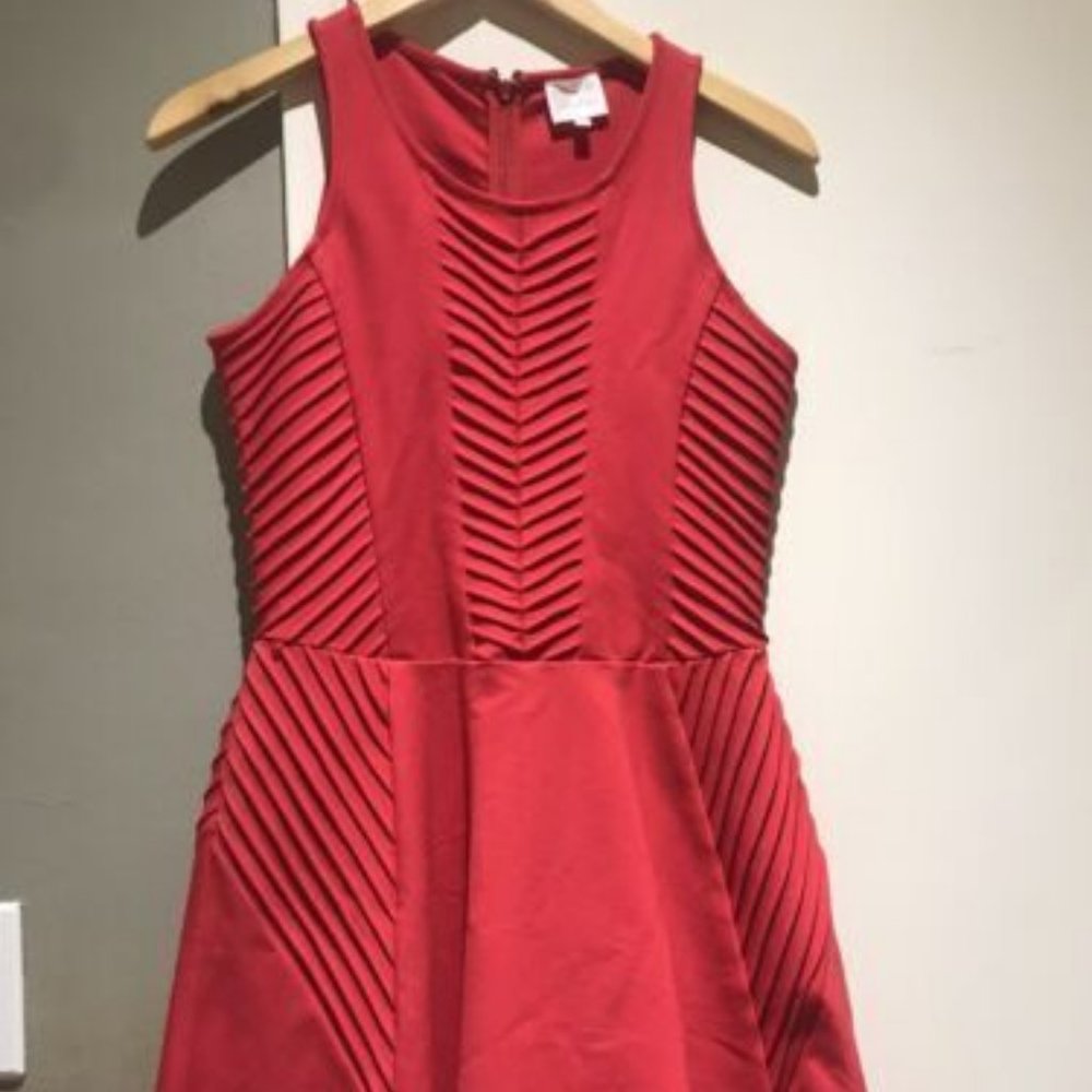 PARKER Fay Red Womens Pintucked Ponte Knit Fit Flare Mini Skater Dress Size M